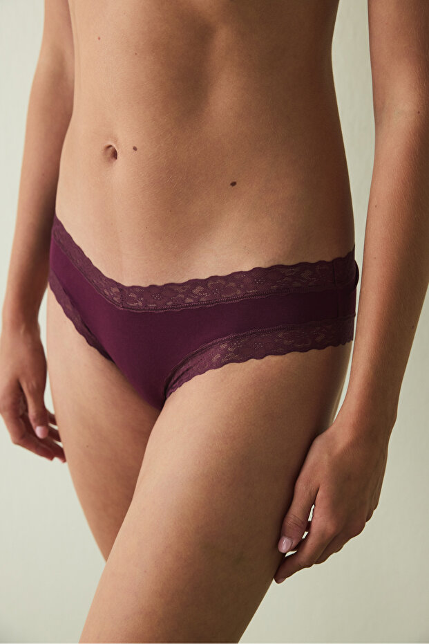 Burgundy Lace Cotton Regular Waist Slip Panties