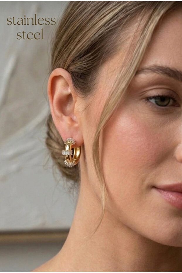 Vi̇p Gold Color Mers Baguette Stone Ring Steel Earrings