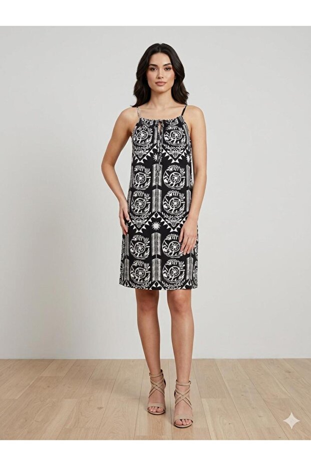 Women's Black Strappy Mini Dress / Ethnic Patterned Mini Dress