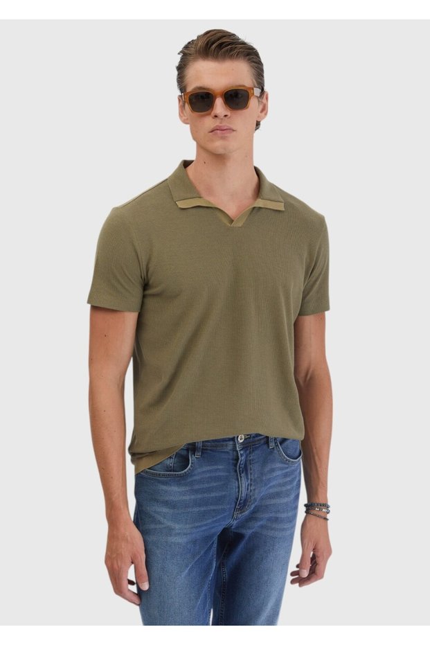 Oil Green Jacquard Polo Neck 100% Cotton T-Shirt