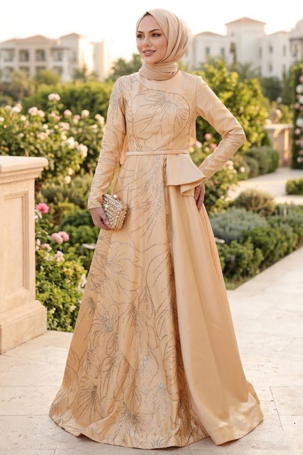 Glitter Patterned Beige Hijab Evening Dress 373Bej