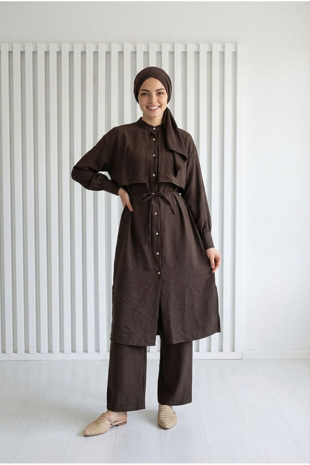 Belgin Bolerolu Tunic Long Pants Modal Set-Zş7078 Aci Kahve