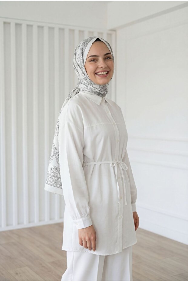 Yelilia Lace-Up Robe Modal Shirt-Pe223 White