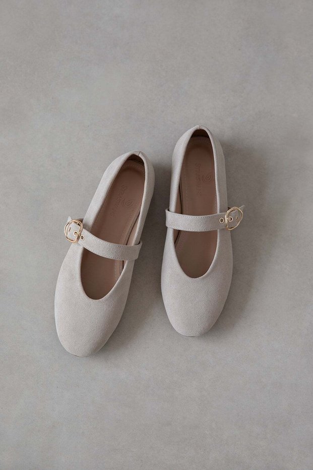 Bella Women's Belt Detail Suede Ballerina Beige
