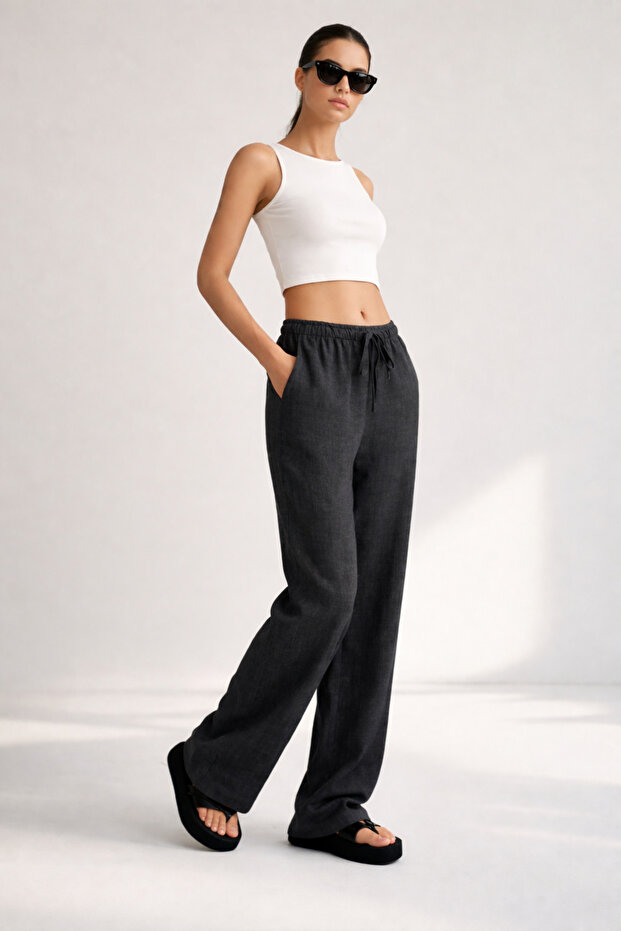 Women's Anthracite Linen Blend Loose Fit Trousers
