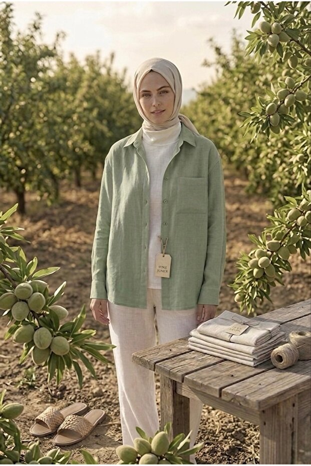 Collar Closure Natural Linen Fabric Loose Fit Comfortable Cut Shirt Çağlayeşi̇li̇