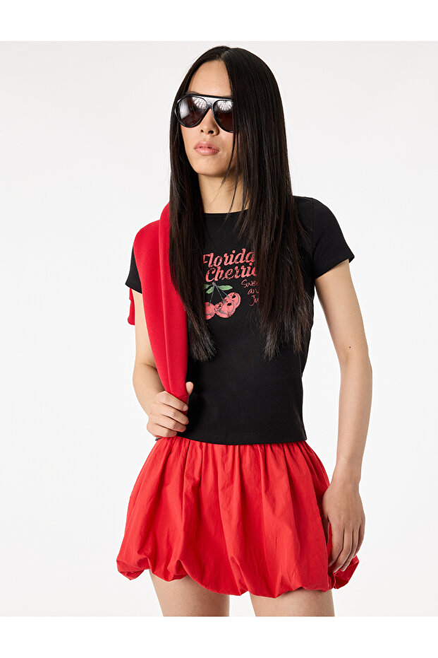 Slim Fit Short Sleeve Crew Neck Cotton Cherry Printed T-Shirt