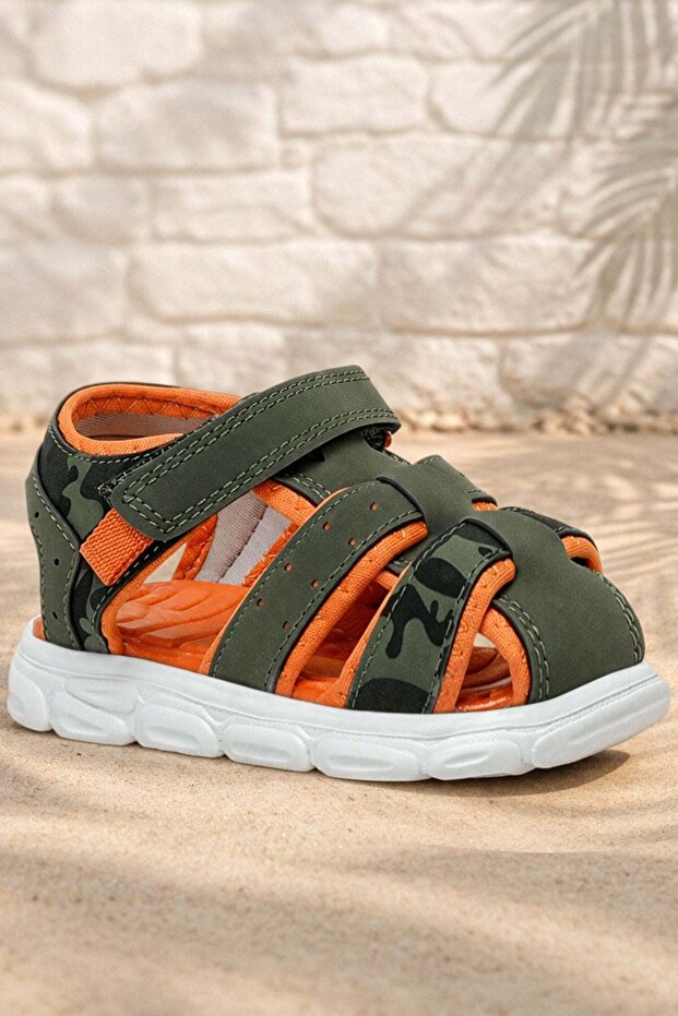 Khaki Green and Orange Baby Sandals