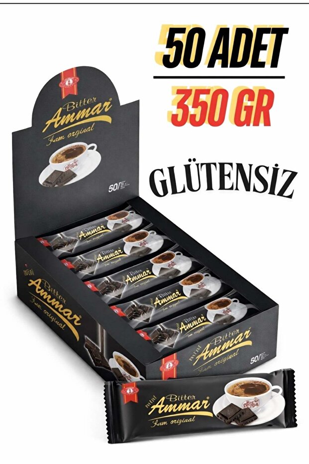 AMMAR Bitter Çikolata %25 Kakao'lu, Glutensiz (50 Adet/350GR) Kahve Yanı, İkramlık, Hediyelik