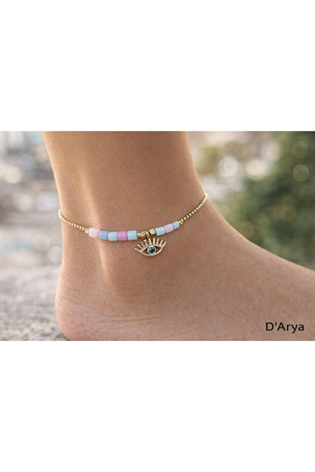 Dd319 Colorful Beaded Gold Detailed Evil Eye Detailed Anklet Handmade