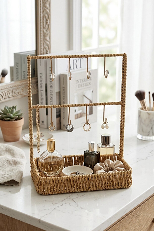 Wicker Multi-Purpose Cup & Jewelry Hanger – Decorative Organizer Stand - 21.5x11.5x4/30 cm