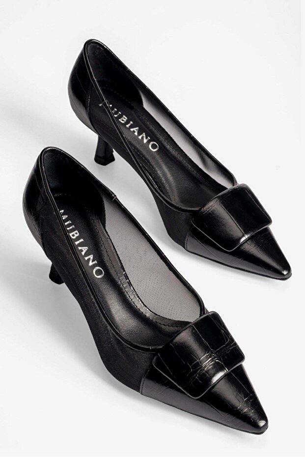 Women's Crocodile Stiletto Buckle Mesh Detailed Pointed Toe Heeled Shoes Arona Black