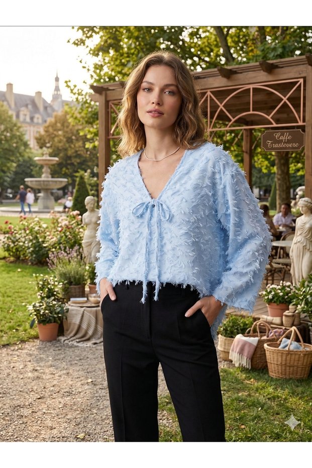 Women's Baby Blue Tassel Detailed Loose Cut Textured Kimono Blouse