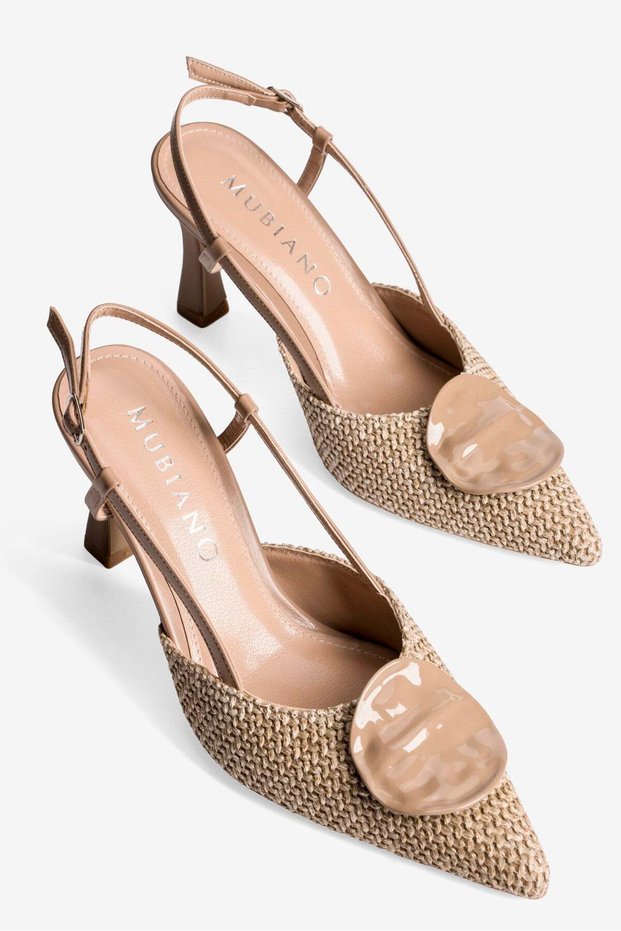 Women's Stiletto Buckle Detailed Pointed Toe Open Back Heeled Shoes Olea Mink