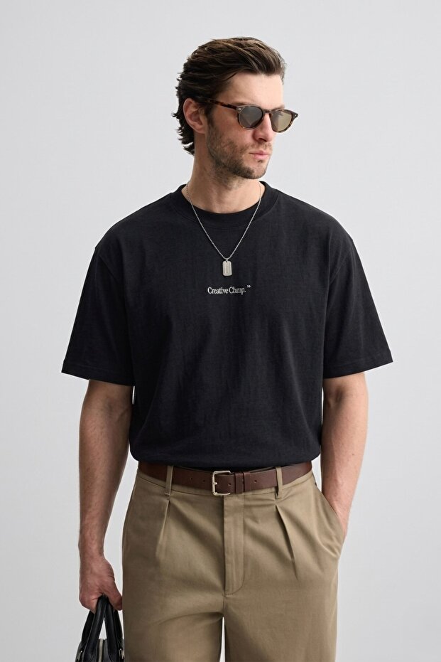 Men's Oversize T-Shirt Creative Chmp Printed Black – Crew Neck, Comfortable Fit, 100% Cotton