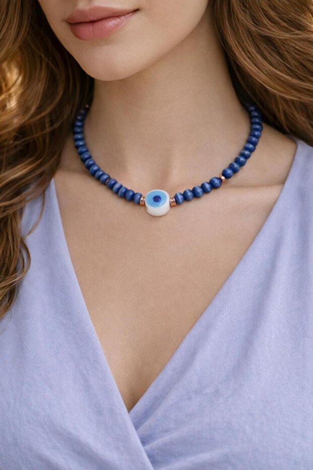 Blue Glass Evil Eye Beaded Wooden Bead Necklace