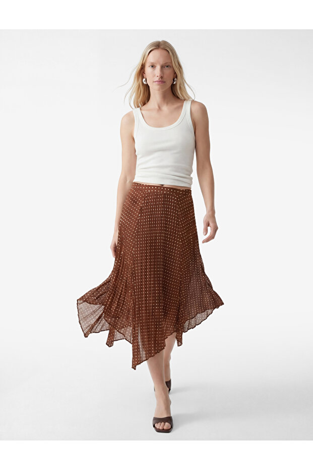 Polka Dot High Waist Asymmetrical Midi Skirt in Pleated Crepe Fabric