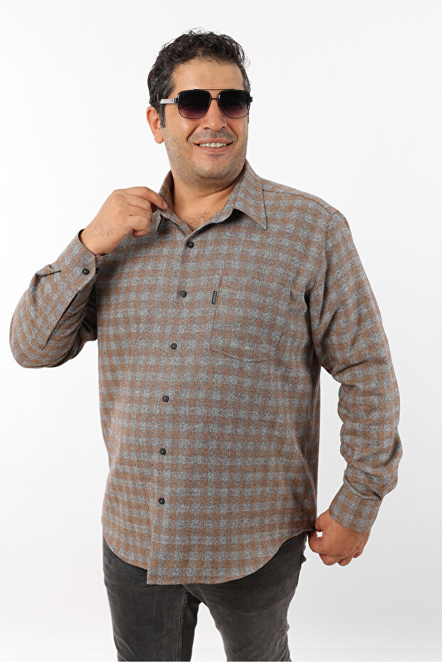 Plus Size Brown-Grey Plaid Wool Flannel Men's Shirt (Btl-7104-Tss)