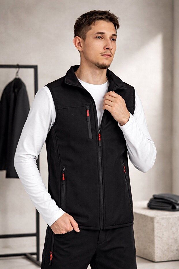 High Collar Slim Fit 3-Pocket Softshell Men's Vest Water-Repellent Fabric