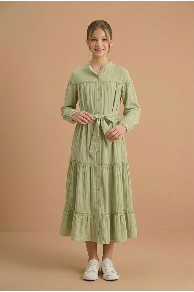 Green Long Dress with Gathered Sleeves and Belt for Girls 23400