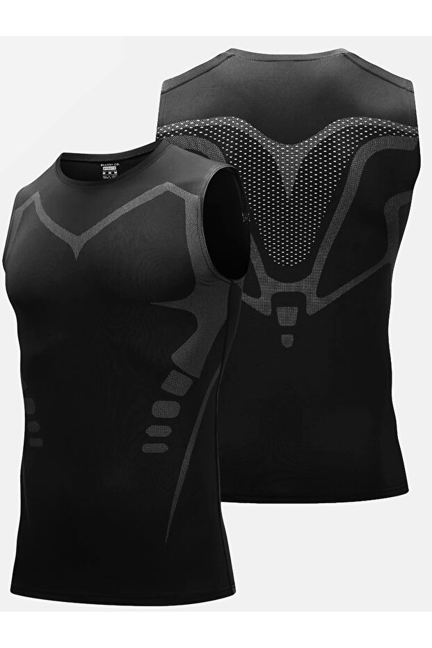 Ghassy Co . Erkek Compression Fitness Hızlı Kuruma Nefes Alabilen Çapraz Daraltma Tipi Kolsuz Spor T-shirt