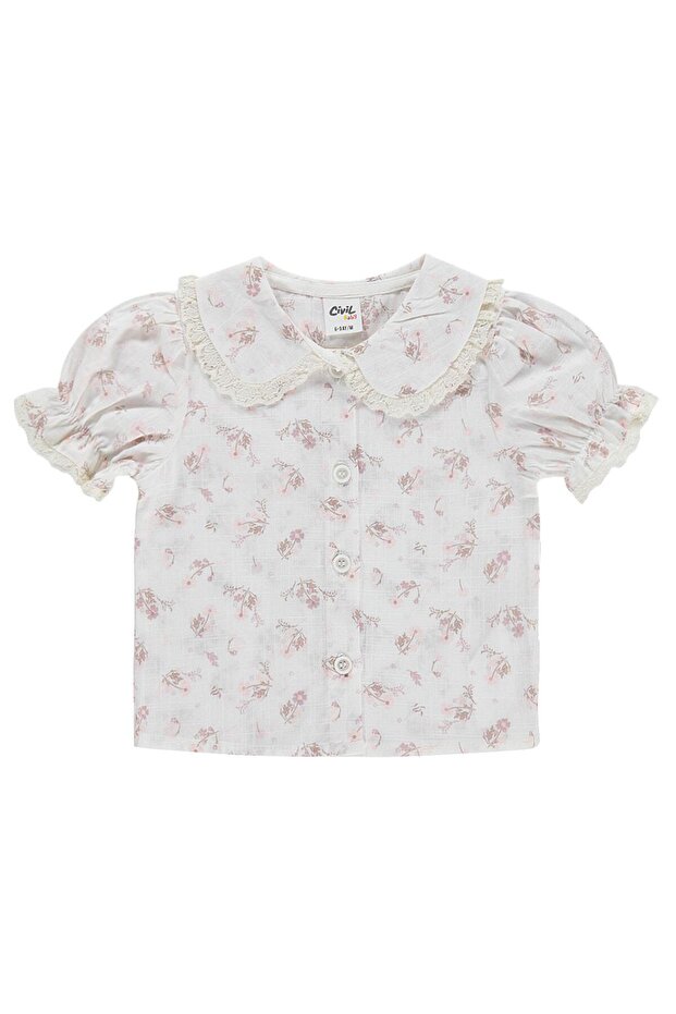 Collar Ruffled Floral Printed 6-18 Months Shirt - Ecru