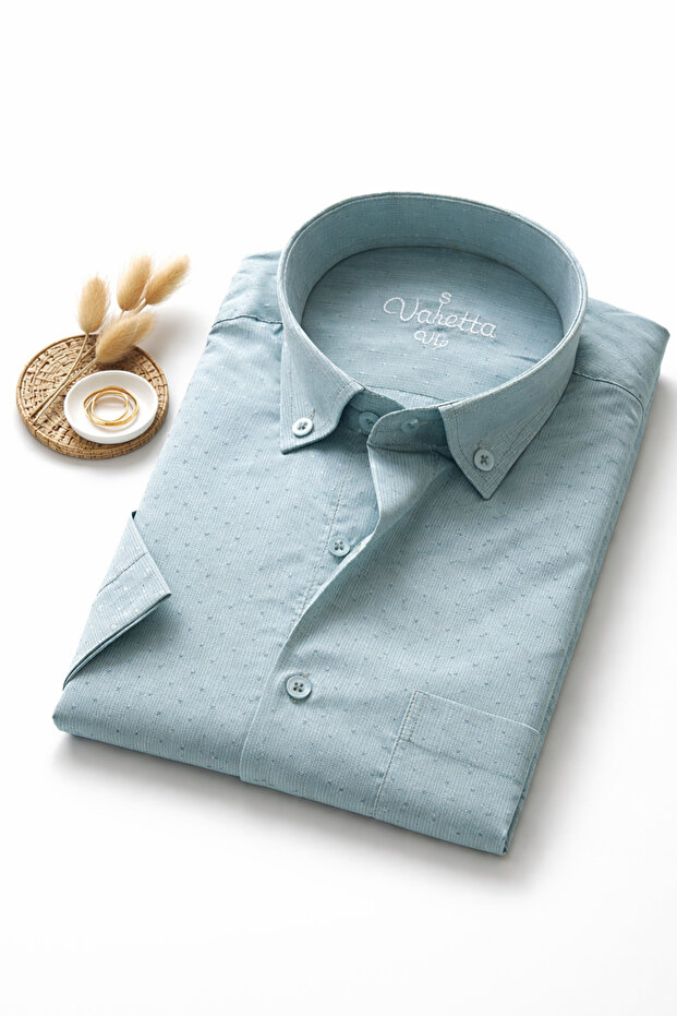 Men's Aqua Green Short Sleeve Shirt with Pockets, Collar Buttons, Cotton