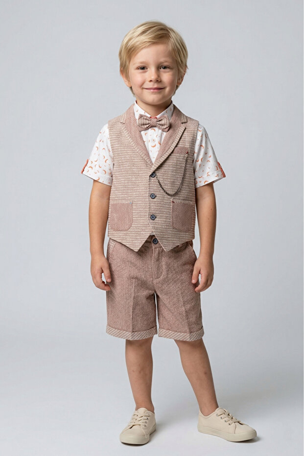 Boys Orange Vest Shirt Shorts Bow Tie Chain Accessories Suit