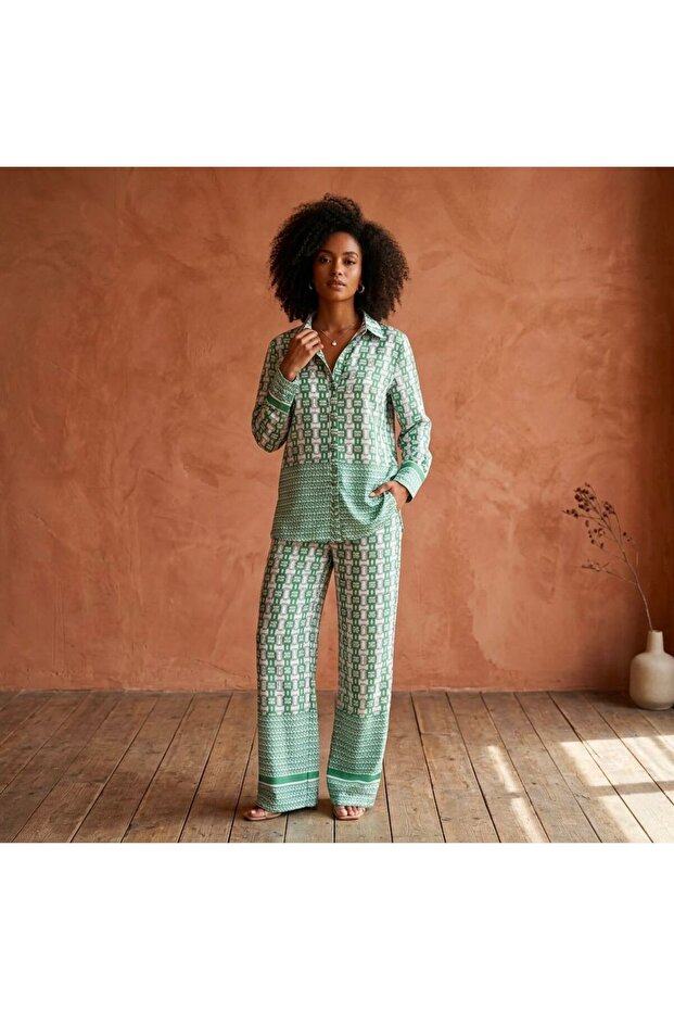 Ladies Co-ord Pant Set- Printed Shirt and Pant with Long Sleeves.