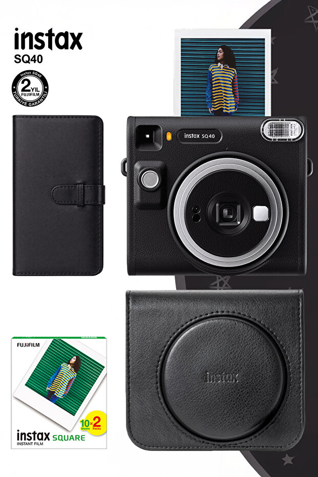 Fujifilm Instax SQ40 Siyah Fotoğraf Makinesi 20li Kare Film Deri Kılıf ve Siyah Albüm