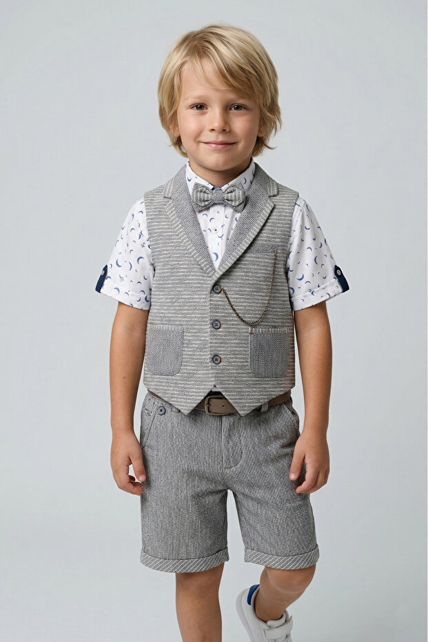 Boy's Navy Blue Vest Shirt Shorts Bow Tie Chain Accessory Suit