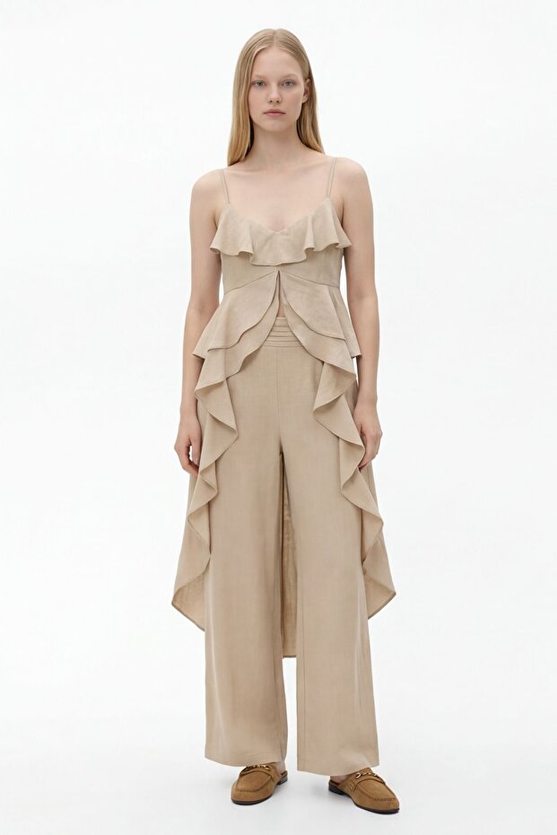 Pleated Waistband Wide Leg Pants Beige