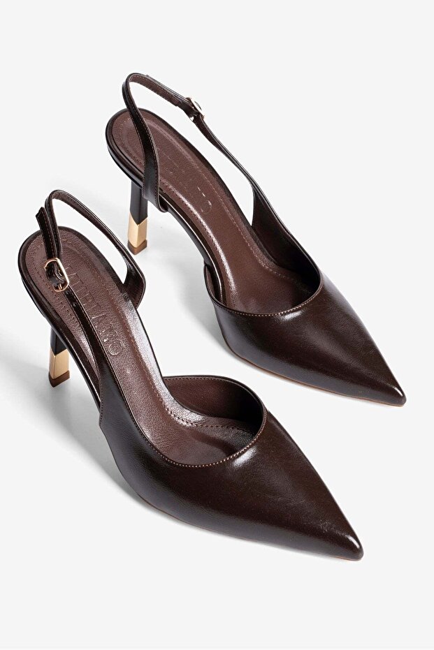 Women's Stiletto Pointed Toe Open Back Heeled Shoes Camellia Brown