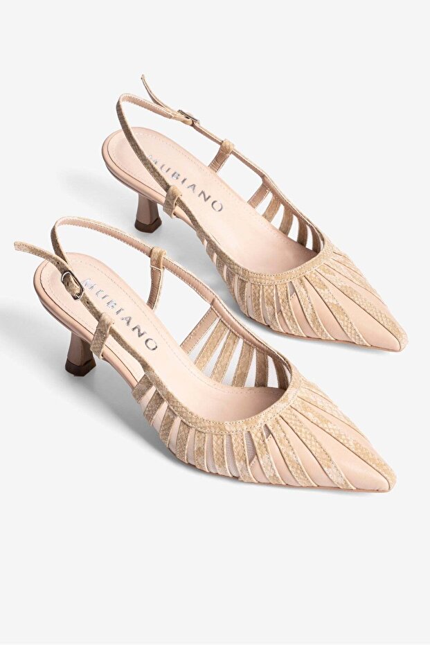 Women's Stiletto Snake Patterned Mesh Detailed Heeled Shoes Serpa Beige