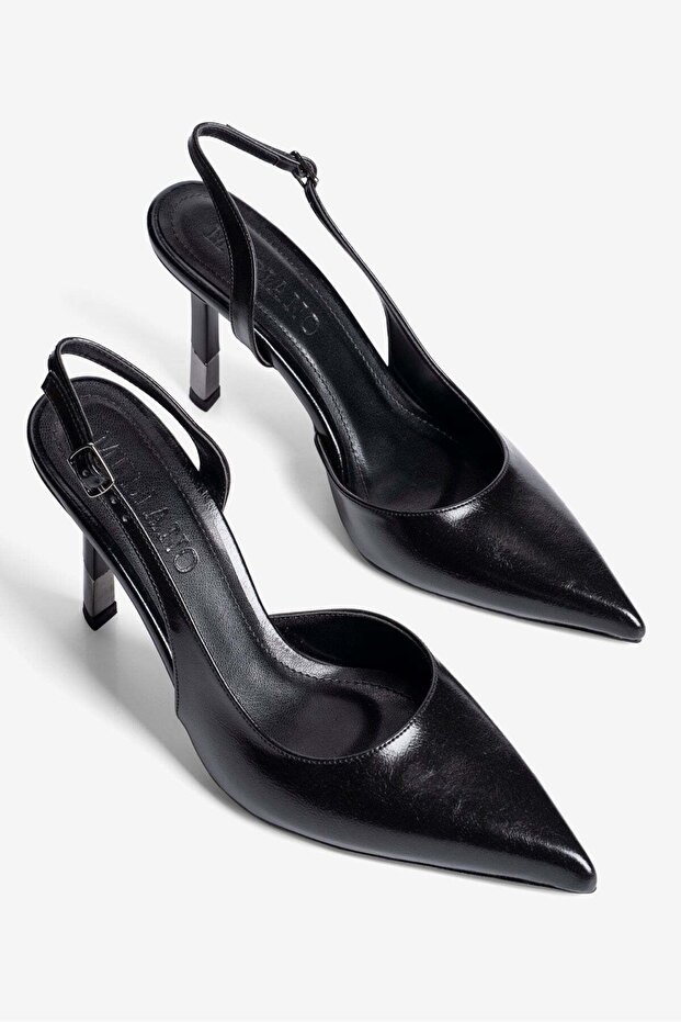 Women's Stiletto Pointed Toe Open Back Heeled Shoes Camellia Black