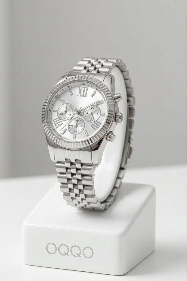 White Dial Silver Women's Wristwatch with Roman Numeral Case Detail
