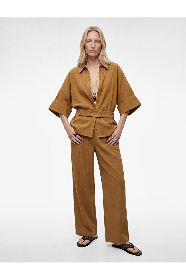 Viscose Waffle Fabric Wide Leg Palazzo Trousers with Pockets and Pleated Detail