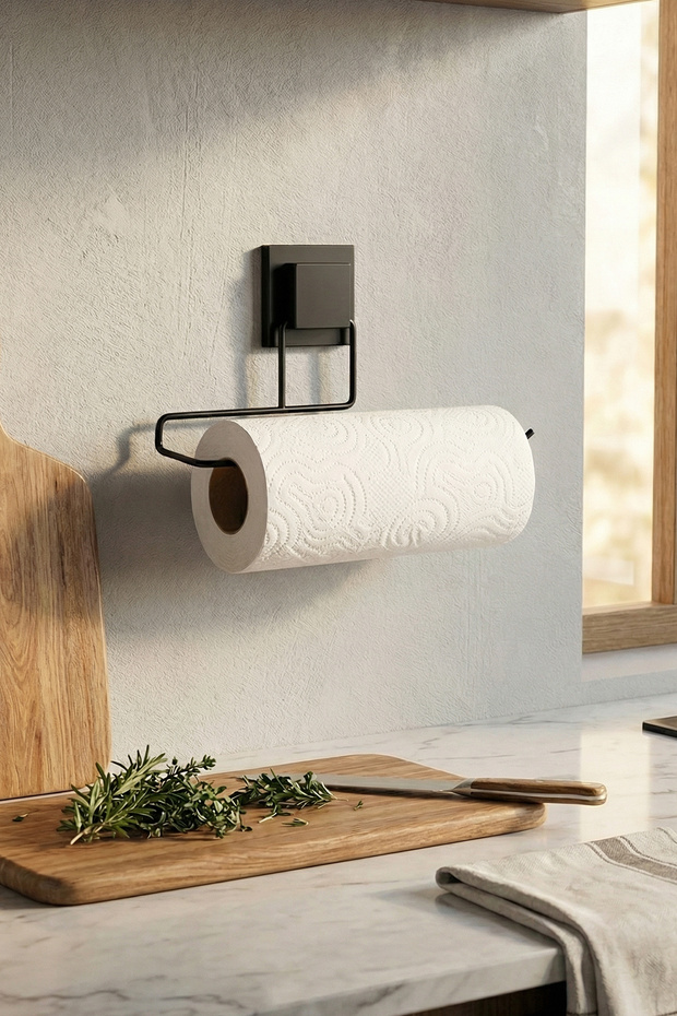 Luxury Black Paper Towel Holder Premium Design, Mounting Without Drilling Strong Adhesive Kitchen Bathroom Organizer