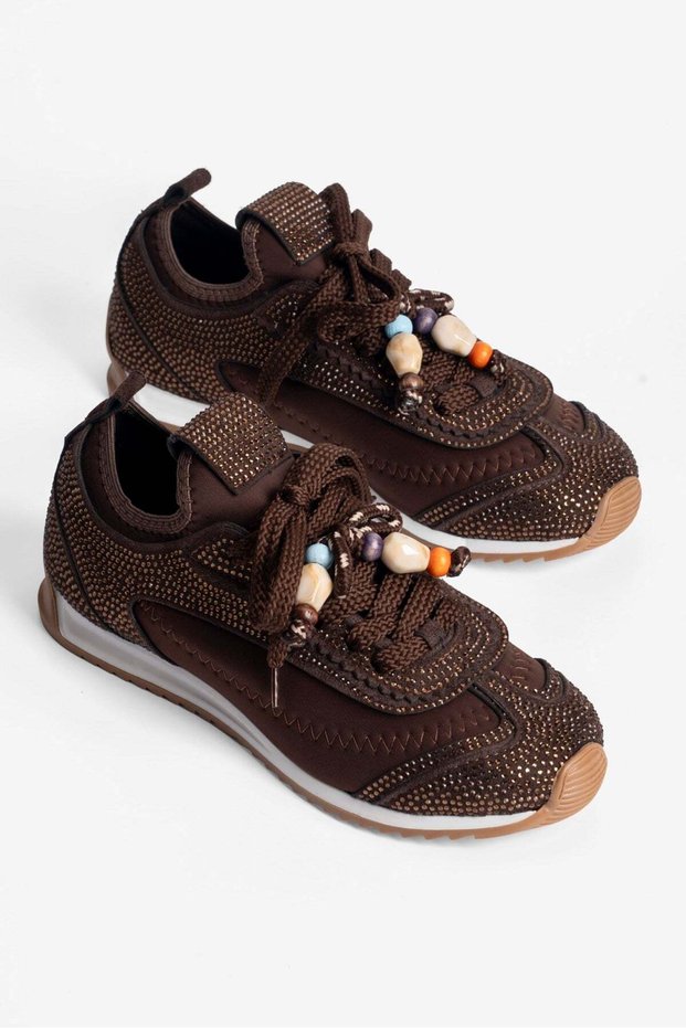 Women's Sneaker Flat Sole Stone Bead Detailed Stretch Sports Shoes Zyra Brown