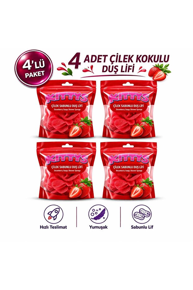 Kittys 4-Piece Soap Shower Loofah Set (Strawberry Soap Scented Shower Loofah)