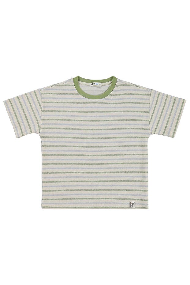 Boys' School Period Jacquard Striped T-Shirt for Ages 10-13 - Blue