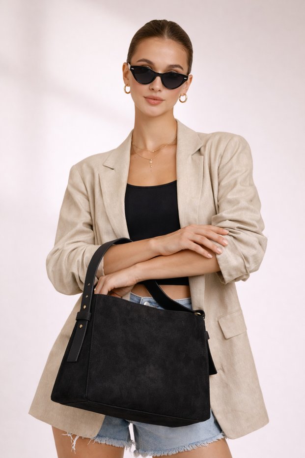 Luxury Suede Zippered Black Hand and Shoulder Bag with Adjustable Strap
