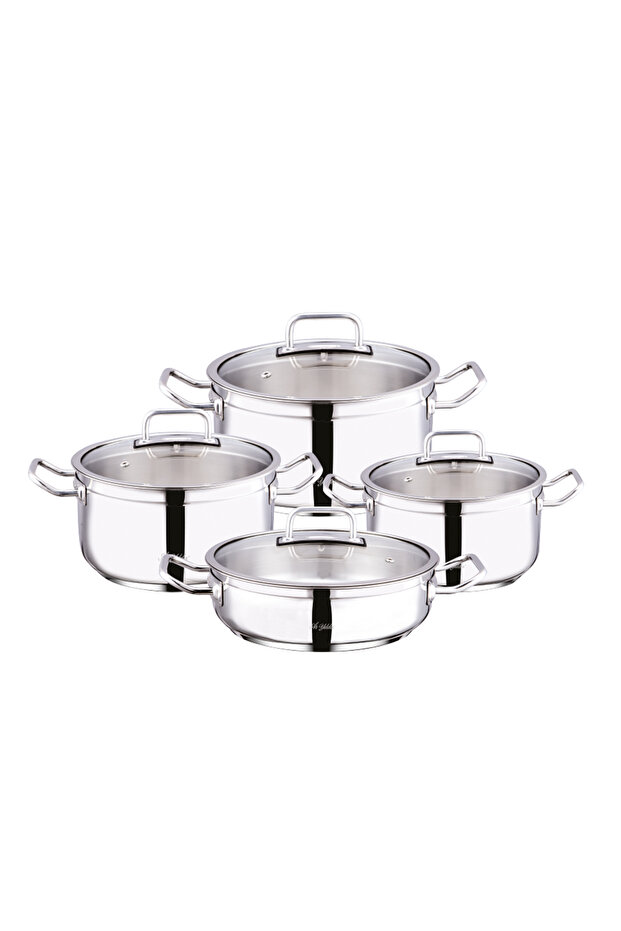 Elegant Glass Lid 8 Piece Steel Cookware Set