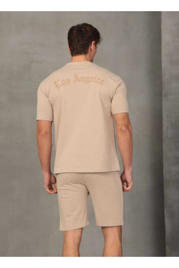 Beige Embroidered Basic Men's Shorts Set - 6