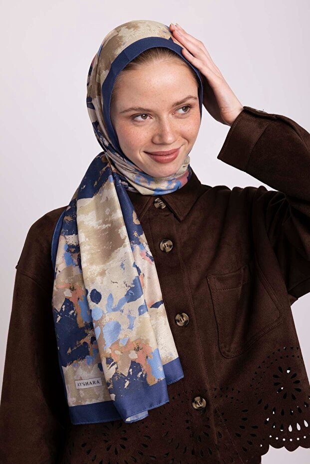 Single-Sided Shawl with Bud Leaf Pattern - Blue - 3