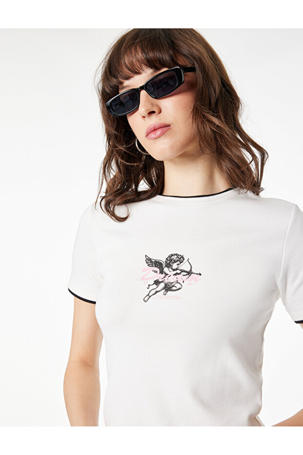 Slim Fit Ribbed Short Sleeve Crew Neck Angel Print T-Shirt