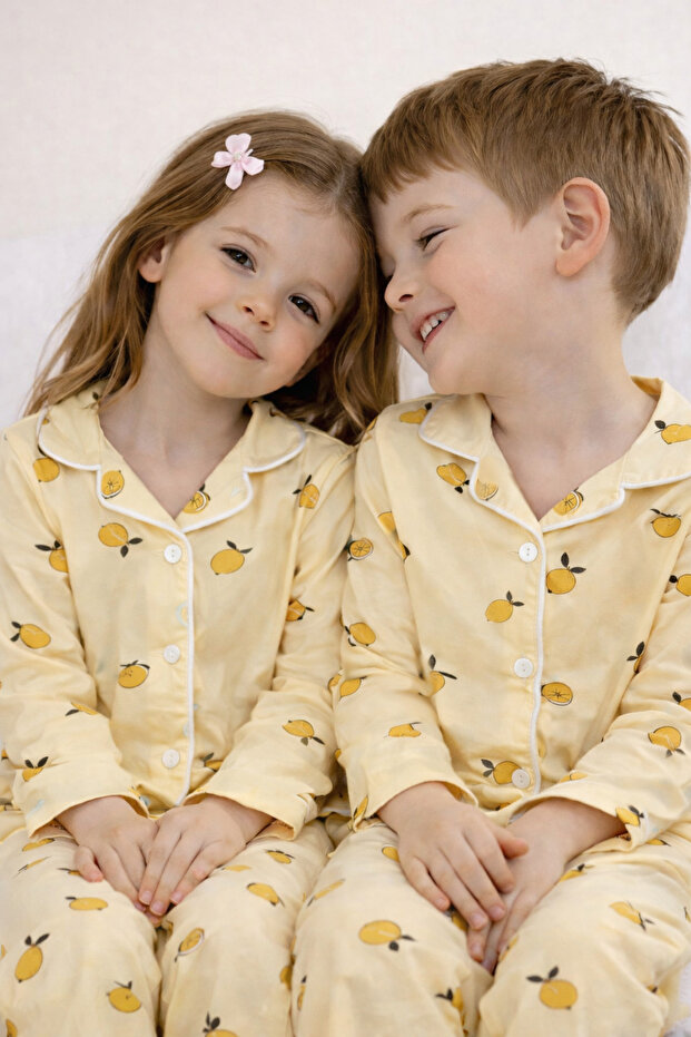 Unisex Children's Pajama Set Summer Milan Fabric Lemon Pattern with Bow Detail Shirt Collar