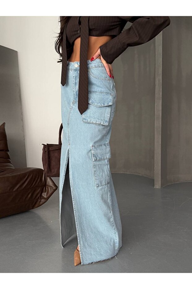 Long Denim Skirt with Slit Front Pockets