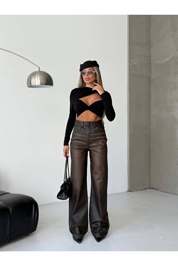 Brown Leather-Look High Waist Wide Leg Pants