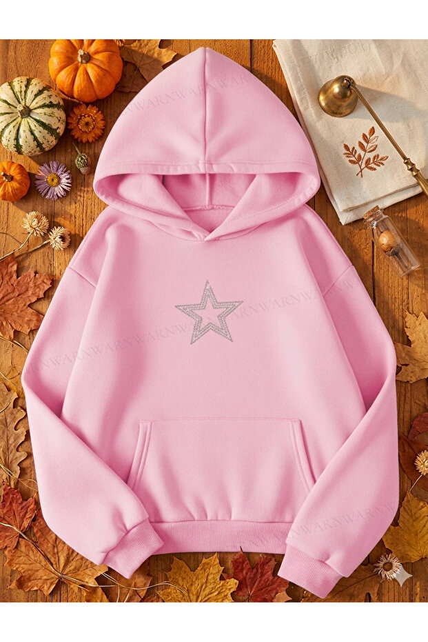 Women's Stone Print Pink Unisex Basic Hooded Oversize Wide Comfortable